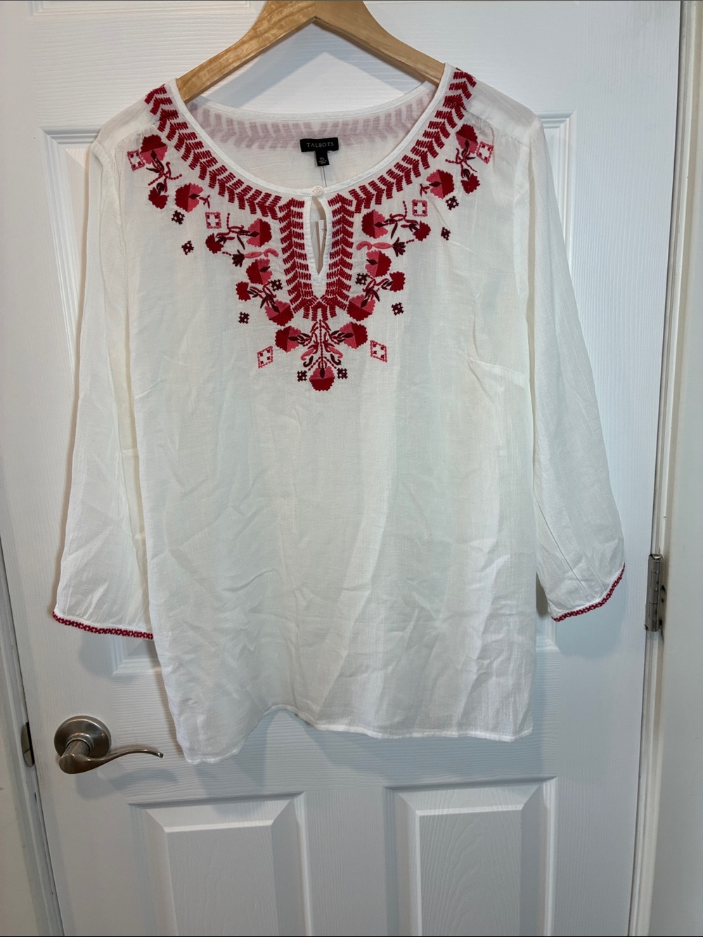 Talbots White Tunic Top with Red Embroidered Yoke